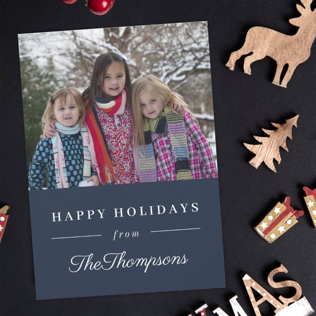 Classic Navy Happy Holidays Family Photo Holiday Card (Creator Uploaded)