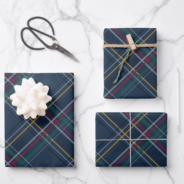 Classic navy holiday plaid Christmas Wrapping Paper Sheets (Front)