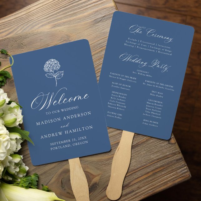 Classic Navy Hydrangea Wedding Program Hand Fan (Creator Uploaded)
