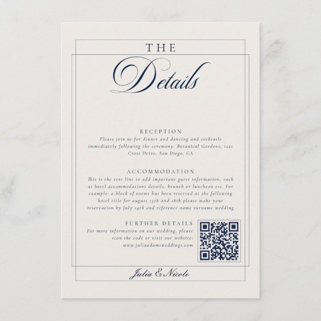 Classic Navy Ivory Calligraphy QR Code Details Enclosure Card (Front)