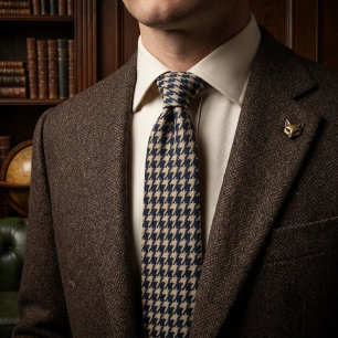 Classic Navy Ivory Houndstooth Luxury Gentleman’s Neck Tie