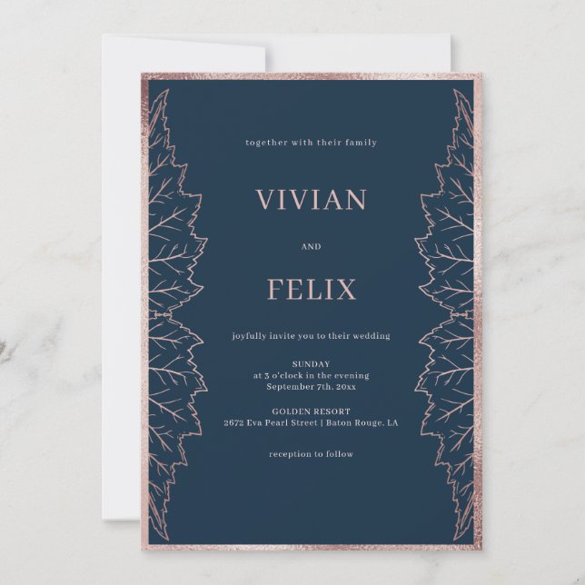 Classic Navy Matt Rose Gold Leaves Wedding Invitation (Front)