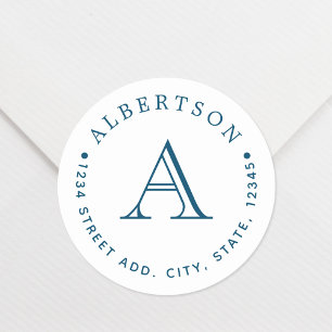 Classic Navy Monogram Family Name Return Address Round Sticker