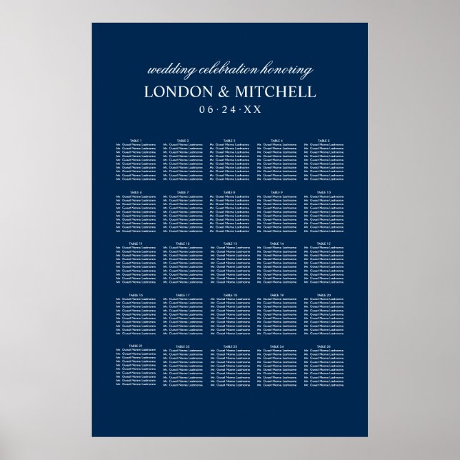 Classic Navy Monogram Wedding Seating Poster (Front)