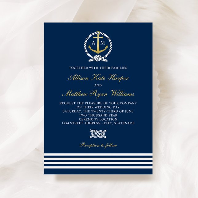 Classic Navy Nautical Anchor Monogram Wedding Invitation (Creator Uploaded)