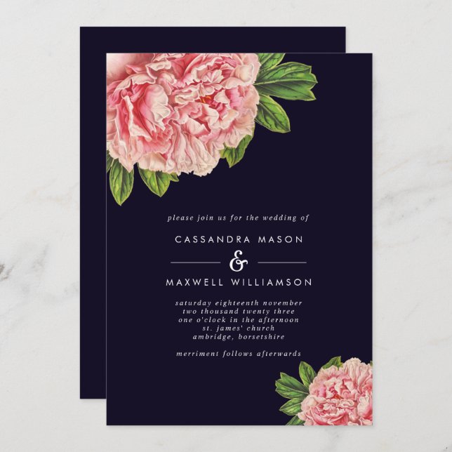 Classic Navy & Pink Peony Wedding Invitation (Front/Back)