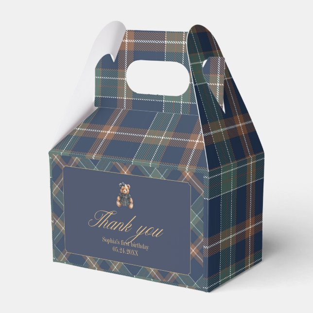 Classic Navy Plaid Teddy Bear Girl Birthday  Favor Boxes (Front Side)