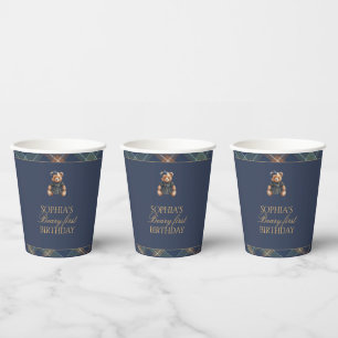 Classic Navy Plaid Teddy Bear Girl Birthday  Paper Cups