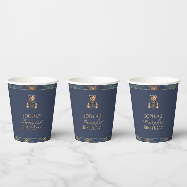 Classic Navy Plaid Teddy Bear Girl Birthday  Paper Cups (Multi)