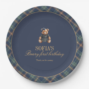 Classic Navy Plaid Teddy Bear Girl Birthday Paper Plates