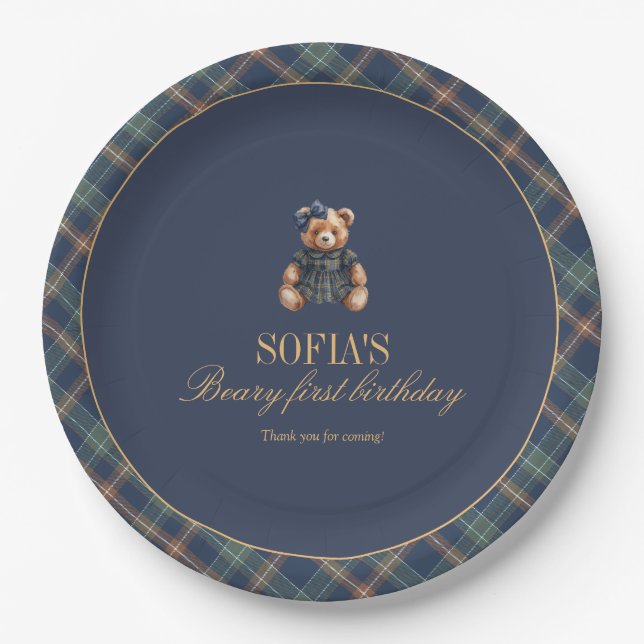 Classic Navy Plaid Teddy Bear Girl Birthday  Paper Plates (Front)