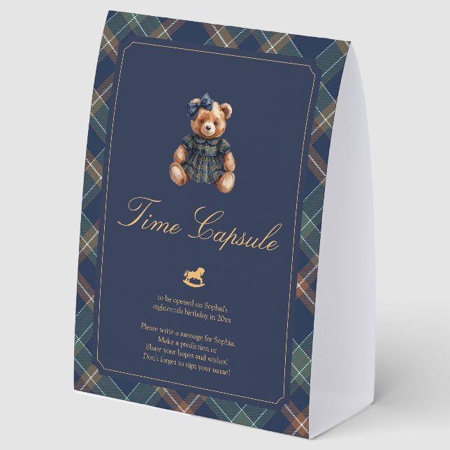 Classic Navy Plaid Teddy Bear Girl Time Capsule  Paper Table Tent (Front)