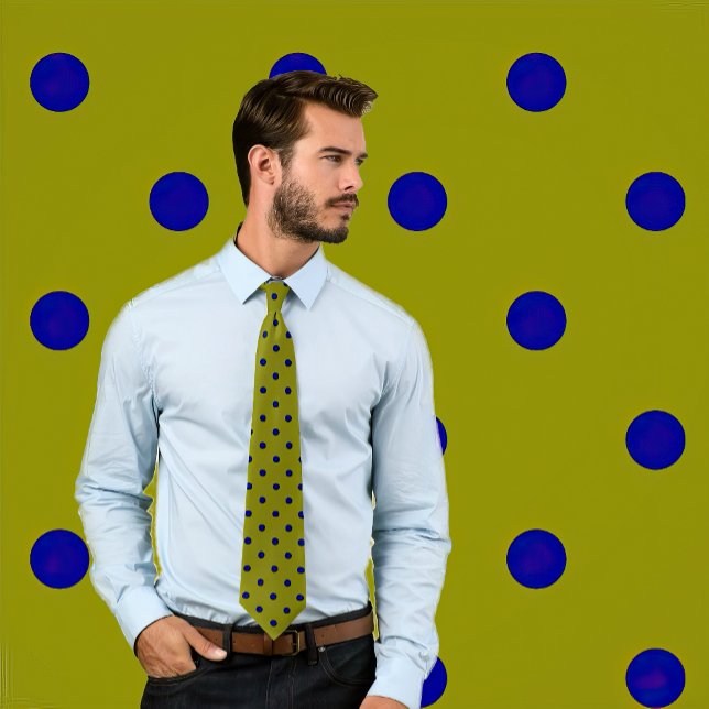 Classic Navy Polka Dots on Olive Tie (Man wearing a necktie with navy blue polka dots on olive green. Background matches tie.)