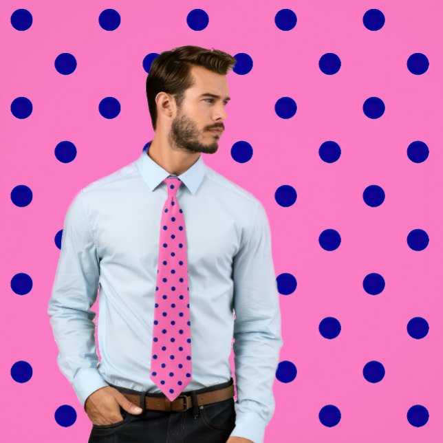 Classic Navy Polka Dots Pattern on Hot Pink Neck Tie (Man wears a necktie with a classic pattern of navy blue polka dots on a hot pink background.)
