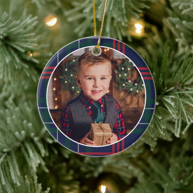 Classic Navy Red Green Tartan Plaid Custom Photo Ceramic Ornament (Tree)