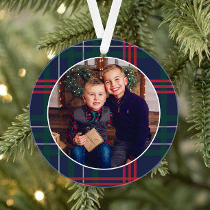 Classic Navy Red Green Tartan Plaid Custom Photo Ornament