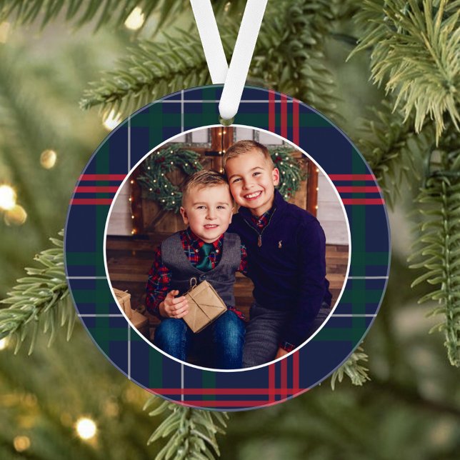 Classic Navy Red Green Tartan Plaid Custom Photo Ornament (Creator Uploaded)