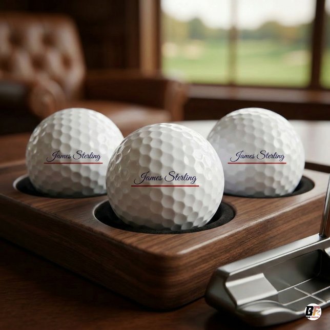Classic Navy Script Name & Red Line Personalized Golf Balls (Creator Uploaded)