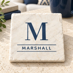 Classic Navy Serif Monogram Family Name Stone Coaster