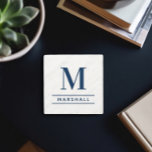 Classic Navy Serif Monogram Family Name Stone Coaster<br><div class="desc">A classic stone coaster featuring a bold navy blue serif initial and custom family name monogram framed by elegant horizontal rules on a natural white marble background. The refined navy and marble pairing creates a timeless, sophisticated accent for any home. A wonderful personalized gift for weddings, housewarmings, or groomsmen. All...</div>