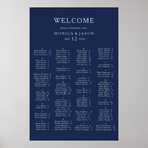 Classic Navy  Silver Alphabetical Seating Chart