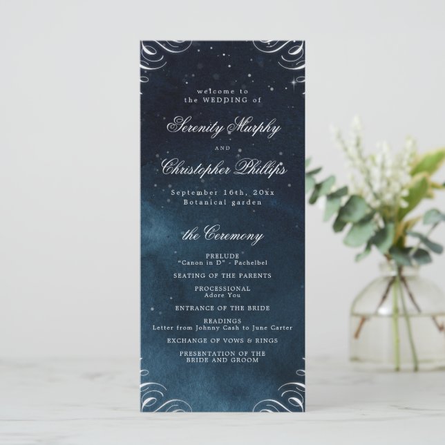 Classic Navy Silver Calligraphy Wedding Program (Standing Front)