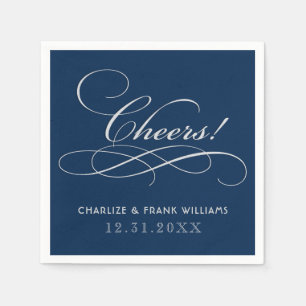 Classic Navy Silver Cheers Calligraphy Wedding Paper Napkins