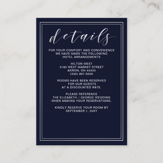 Classic Navy Silver Wedding details card (Front)