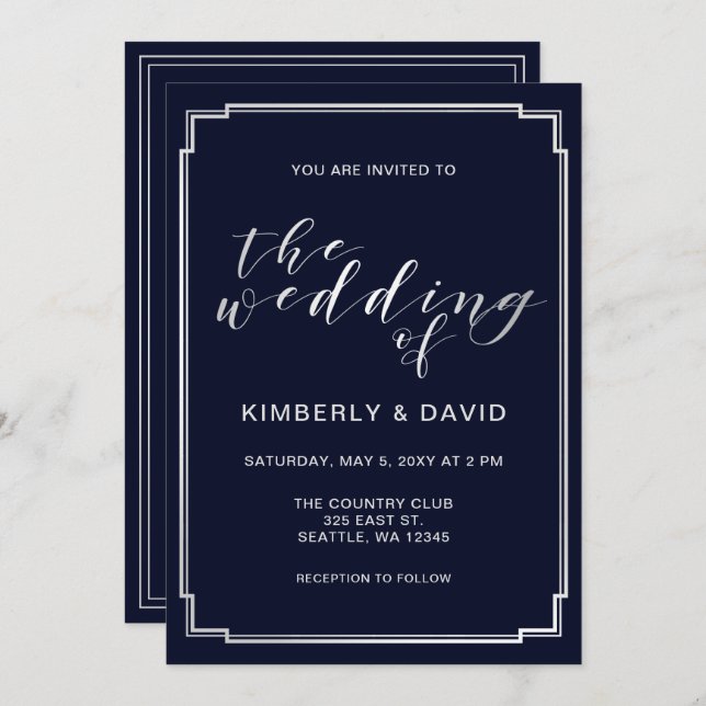 Classic Navy Silver Wedding Invitation (Front/Back)