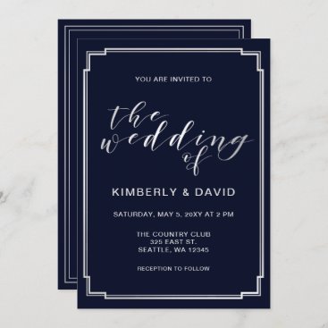 Classic Navy Silver Wedding Invitation