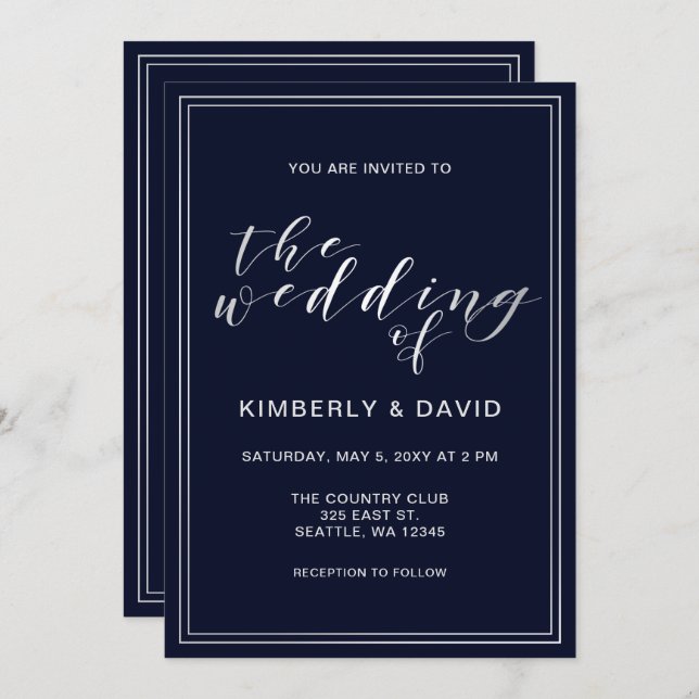 Classic Navy Silver Wedding Invitation (Front/Back)