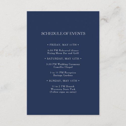 Classic Navy  Silver Wedding Schedule of Events Enclosure Card