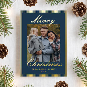 Classic Navy Stripes Old Money Christmas Photo Foil Holiday Card