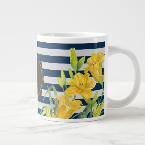 Classic Navy Stripes Watercolor Yellow Day Lilies  Giant Coffee Mug