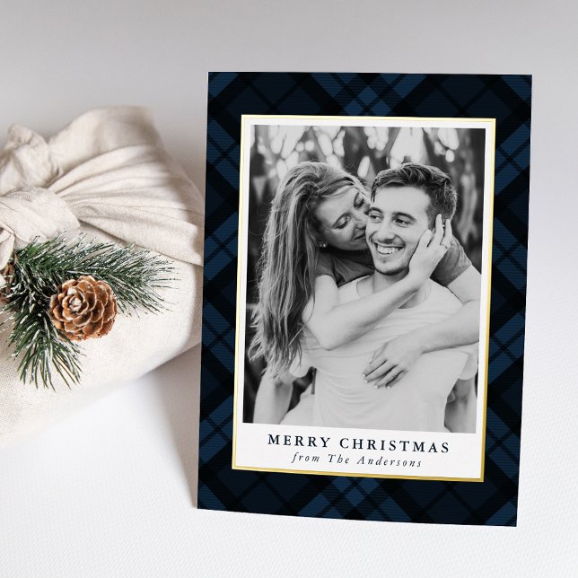 Classic Navy Tartan Photo Foil Holiday Card (Creator Uploaded)