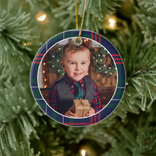 Classic Navy Tartan Plaid Christmas Kids Photo Ceramic Ornament
