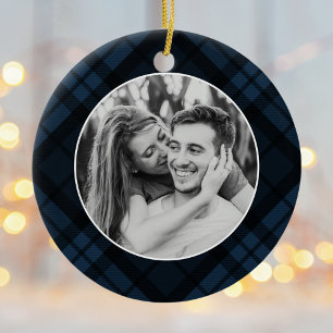 Classic Navy Tartan Plaid Photo Holiday Ceramic Ornament
