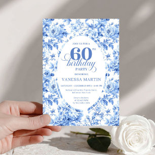 Classic Navy Toile Roses 60th Birthday Invite 