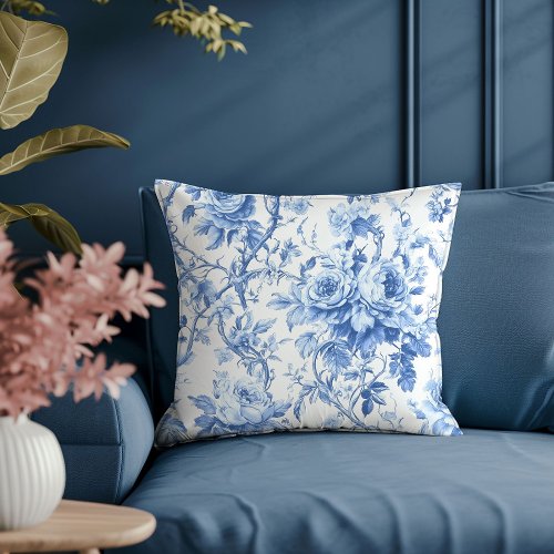 Classic Navy Toile Roses Floral Bedroom Pillow