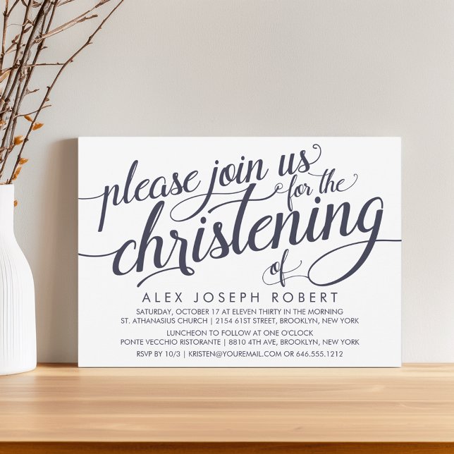 Classic Navy & White Calligraphy Christening Invitation (Creator Uploaded)