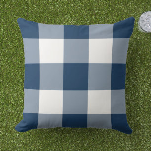 Classic Navy White Large Gingham Check Outdoor Pillow