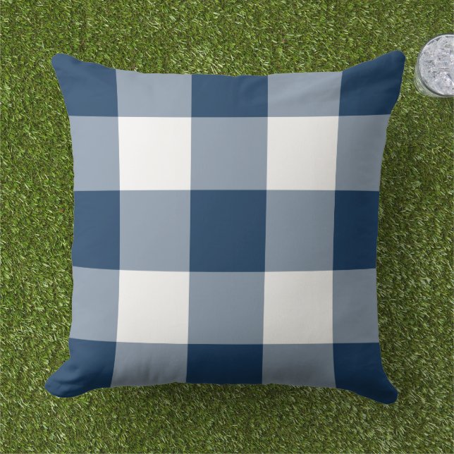 Classic Navy White Large Gingham Check Outdoor Pillow (Grass)