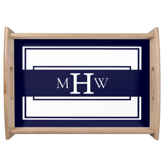 Classic Navy & White Modern Lines Monogram Serving Tray (Front)