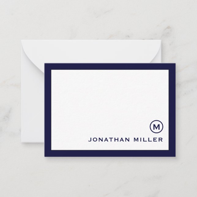 Classic Navy White Monogram Note Card (Front)
