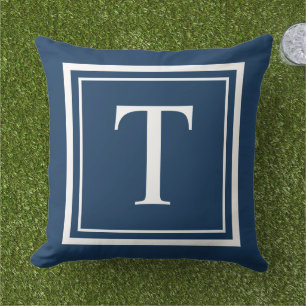 Classic Navy White Square Frame Monogram Outdoor Pillow