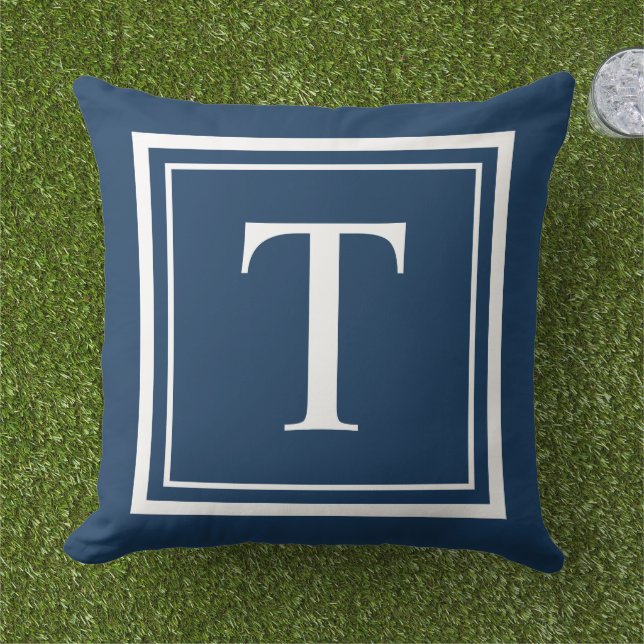 Classic Navy White Square Frame Monogram Outdoor Pillow (Grass)