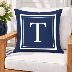 Classic Navy White Square Frame Monogram Outdoor Pillow