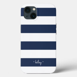Classic Navy &amp; White Stripe Personalized iPhone 13 Case