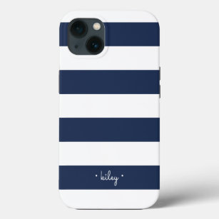 Classic Navy & White Stripe Personalized iPhone 13 Case