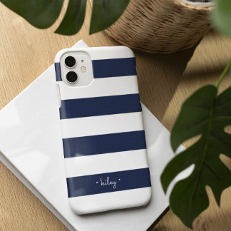 Classic Navy & White Stripe Personalized iPhone 13 Case